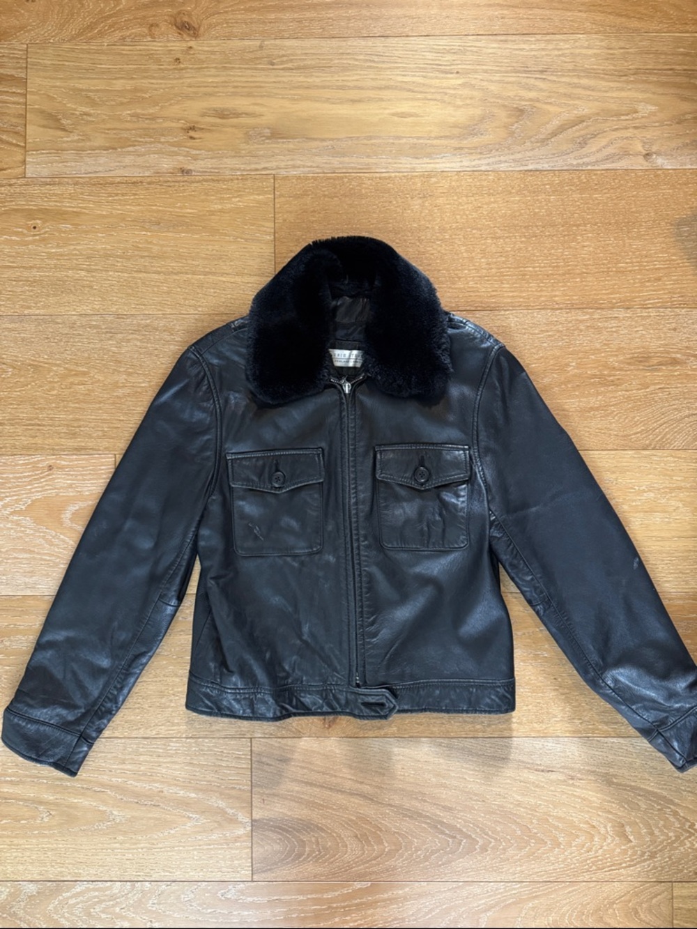 Valerie Stevens Black Leather Bomber Jacket with Plush Black Collar